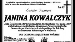 ZMARŁA JANINA KOWALCZYK. ŻYŁA 83 LATA.