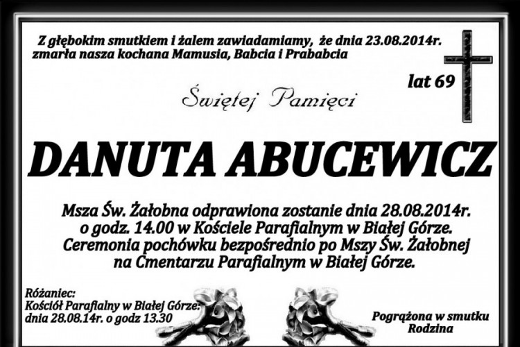 ZMARŁA DANUTA ABUCEWICZ. ŻYŁA 69 LAT.