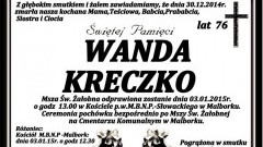 ZMARŁA WANDA KRECZKO. ŻYŁA 76 LAT.