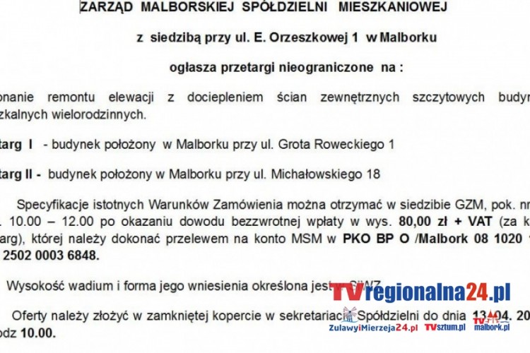 PRZETARG NA WYKONANIE REMONTU ELEWACJI Z DOCIEPLENIEM ŚCIAN BUDYNKÓW&#8230;