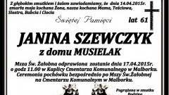 ZMARŁA JANINA SZEWCZYK. ŻYŁA 61 LAT.