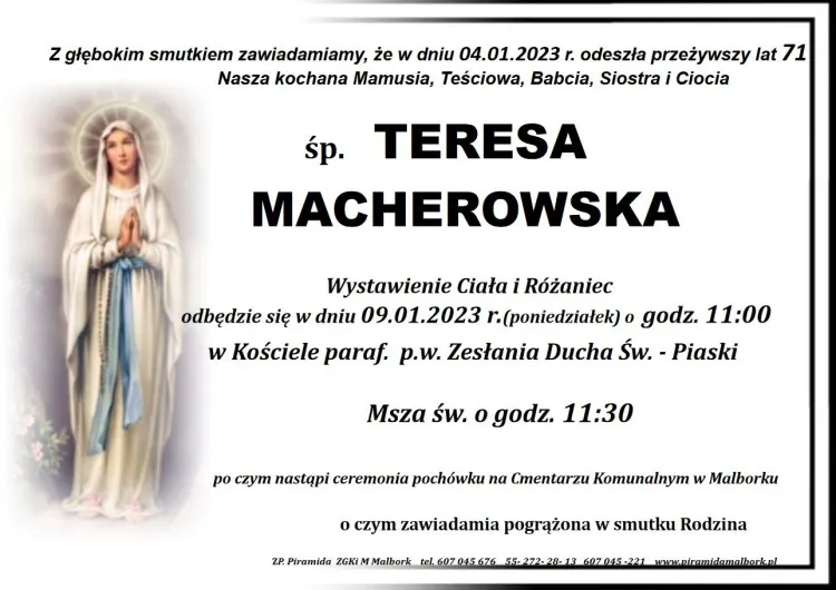 Zmarła Teresa Macherowska. Miała 71 lat.