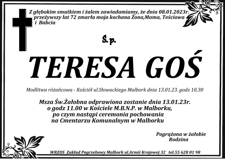 Odeszła Teresa Goś. Żyła 72 lata.