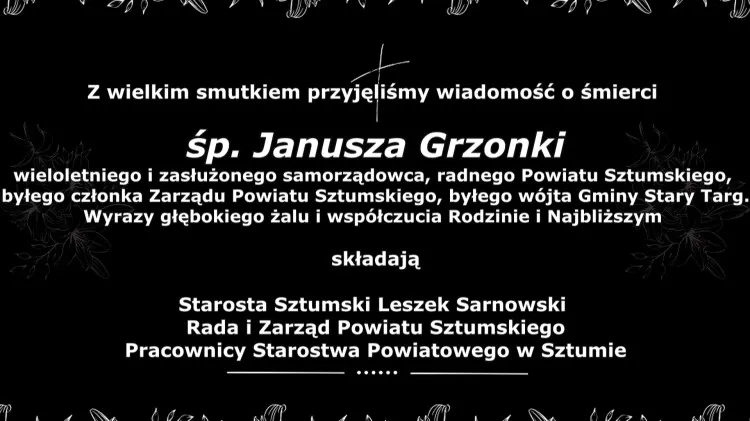 Kondolencje Starosty Sztumskiego, Rady i Zarządu Powiatu Sztumskiego&#8230;