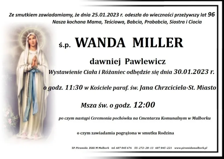 Zmarła Wanda Miller. Żyła 96 lat. 