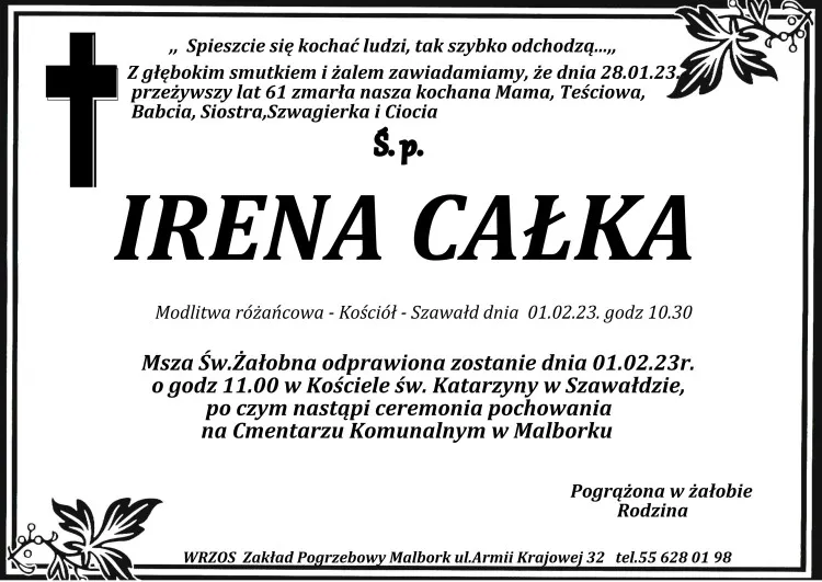 Zmarła Irena Całka. Miała 61 lat.