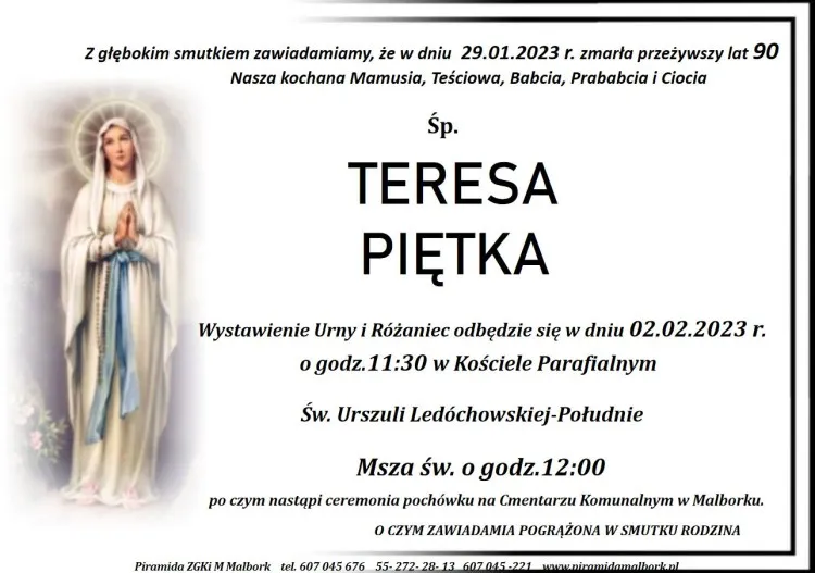 Zmarła Teresa Piętka. Żyła 90 lat.