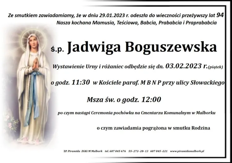 Zmarła Jadwiga Boguszewska. Miała 94 lata.