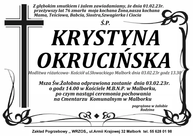Zmarła Krystyna Okrucińska. Miała 76 lat.