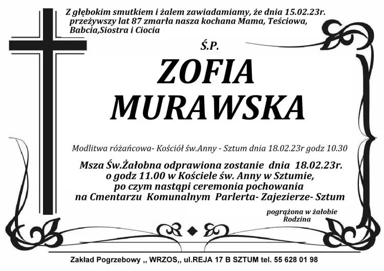 Zmarła Zofia Murawska. Miała 87 lat.