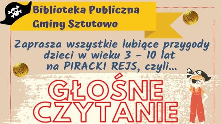Sztutowo. Zdobądź skarb Kapitana Haka – Biblioteka Publiczna zaprasza dzieci do udziału w pirackiej przygodzie.