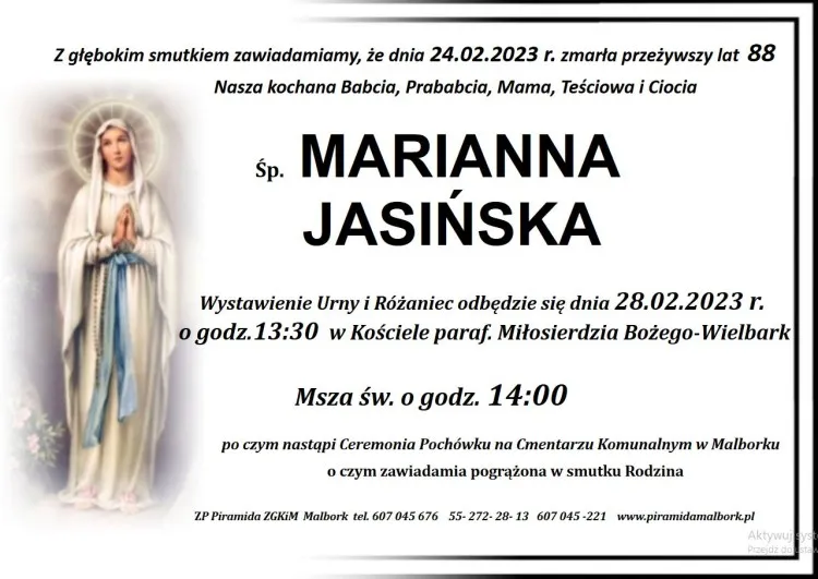 Zmarła Marianna Jasińska. Miała 88 lat.