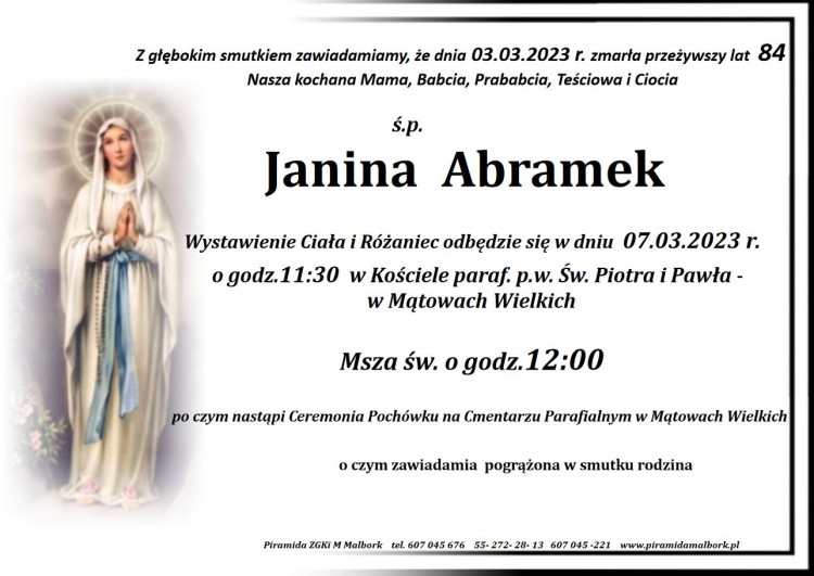 Zmarła Janina Abramek. Żyła 84 lata.