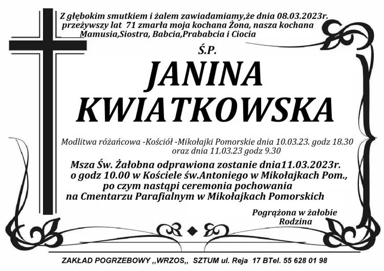 Zmarła Janina Kwiatkowska. Żyła 71 lat.