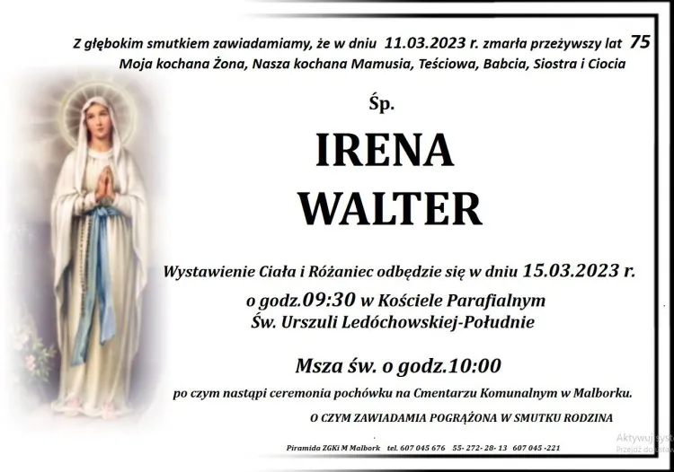 Zmarła Irena Walter. Miała 75 lat.
