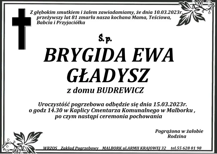 Zmarła Brygida Ewa Gładysz. Żyła 81 lat.