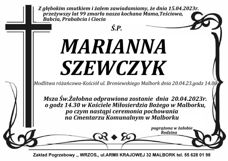 Zmarła Marianna Szewczyk. Żyła 99 lat.