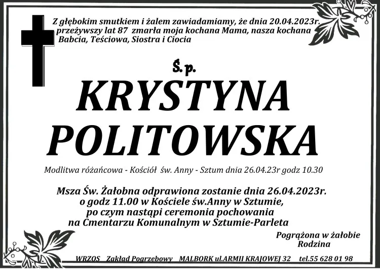 Zmarła Krystyna Politowska. Żyła 87 lat.