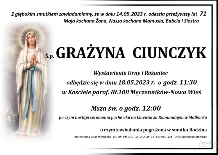 Zmarła Grażyna Ciunczyk. Miała 71 lat.