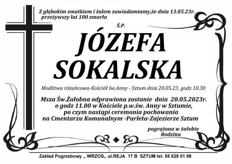 Zmarła Józefa Sokalska. Żyła 100 lat.