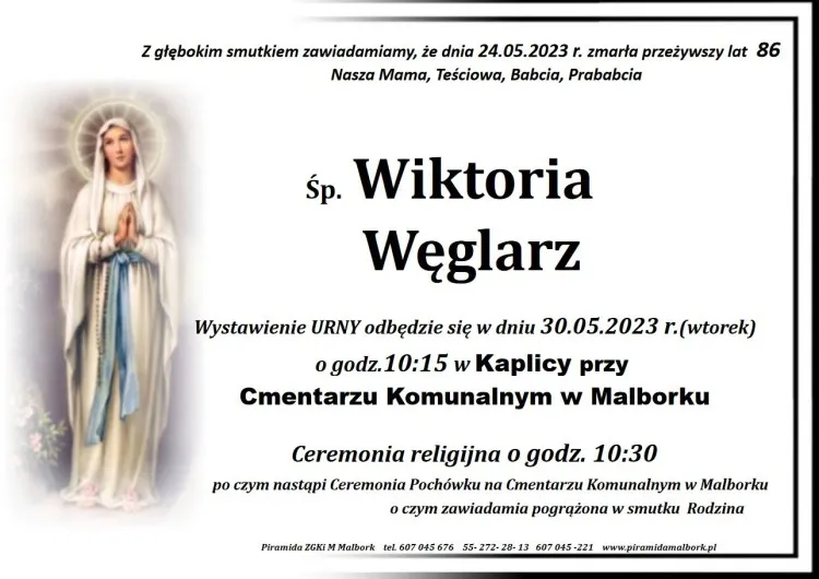 Zmarła Wiktoria Węglarz. Miała 86 lat.