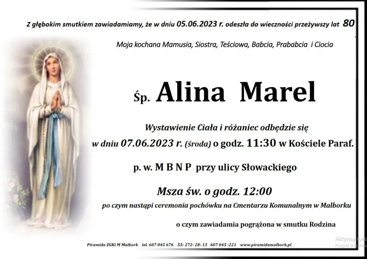 Zmarła Alina Marel. Miała 80 lat.