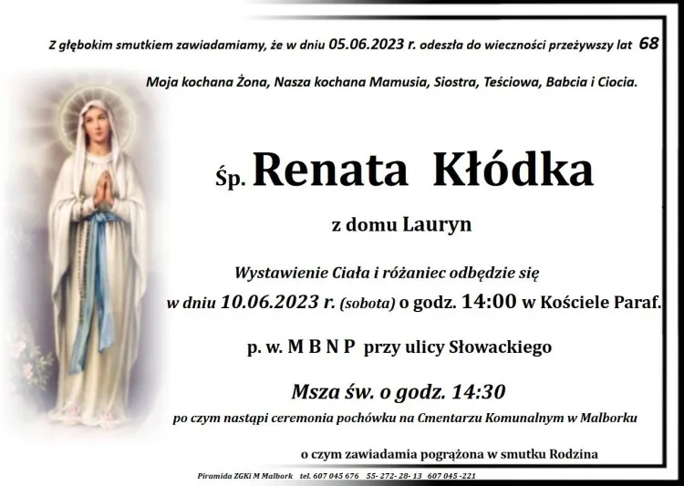 Zmarła Renata Kłódka. Żyła 68 lat.