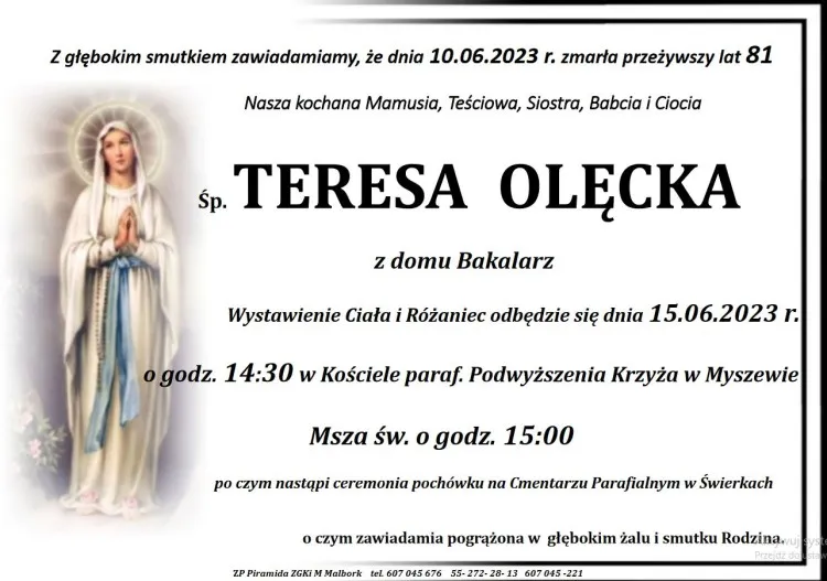 Zmarła Teresa Olęcka. Miała 81 lat.