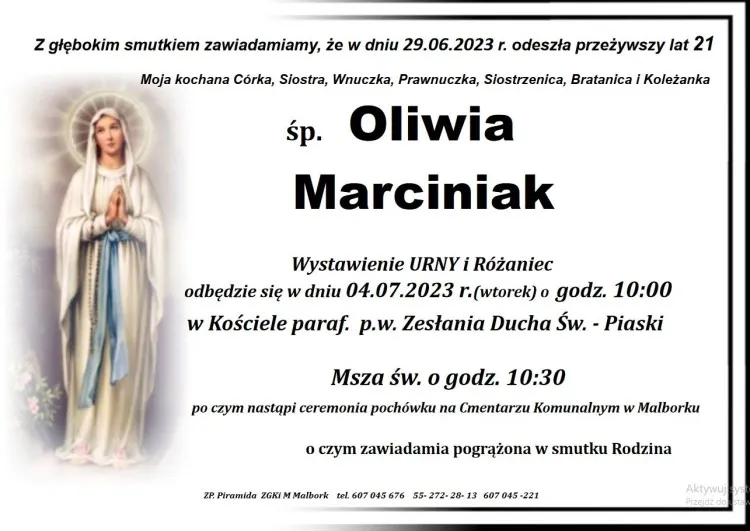 Zmarła Oliwia Marciniak. Żyła 21 lat.