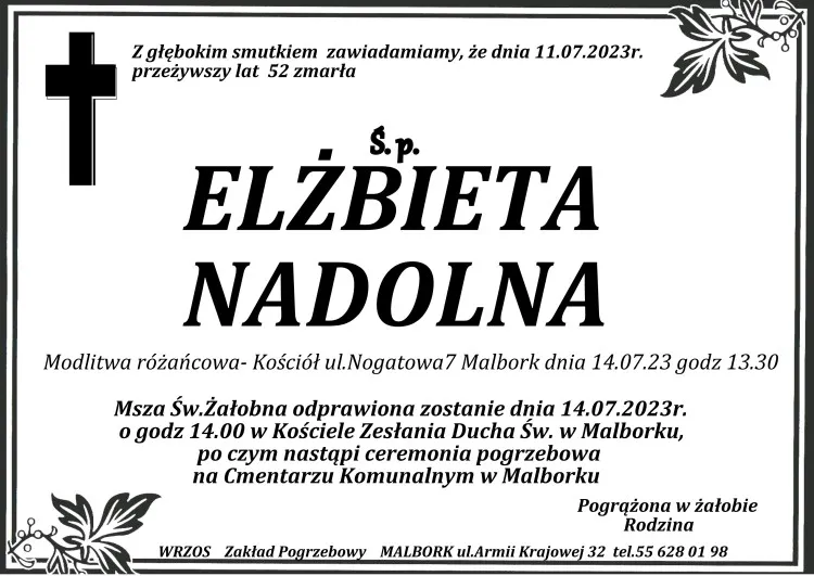 Zmarła Elżbieta Nadolna. Żyła 52 lata.