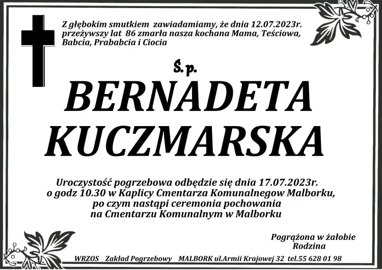 Zmarła Bernadeta Kuczmarska. Miała 86 lat.