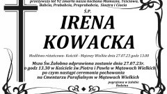 Zmarła Irena Kowacka. Żyła 92 lata.