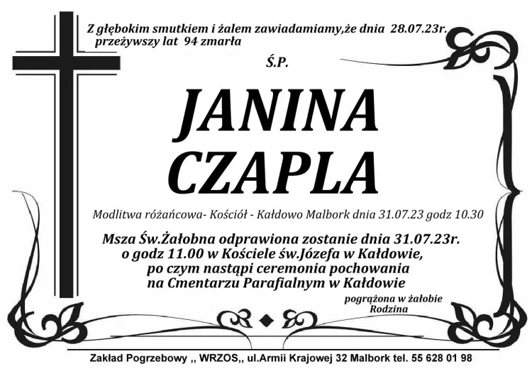 Zmarła Janina Czapla. Żyła 94 lata.