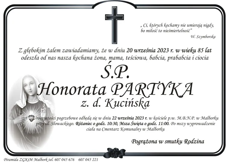 Zmarła Honorata Partyka. Miała 85 lat.