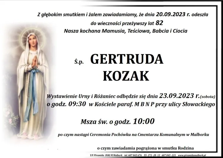 Zmarła Gertruda Kozak. Żyła 82 lata.