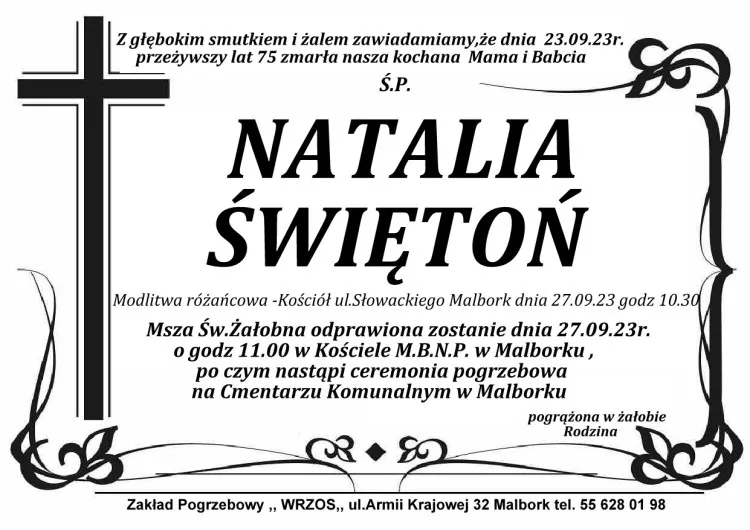 Zmarła Natalia Świętoń. Żyła 75 lat.