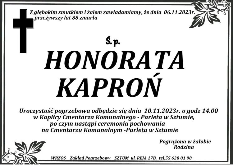 Odeszła Honorata Kaproń. Miała 88 lat.