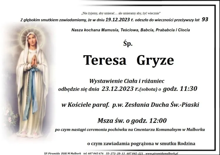 Zmarła Teresa Gryze. Żyła 93 lata.