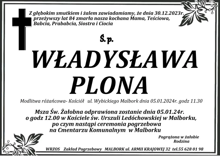 Zmarła Władysława Plona. Żyła 84 lata.