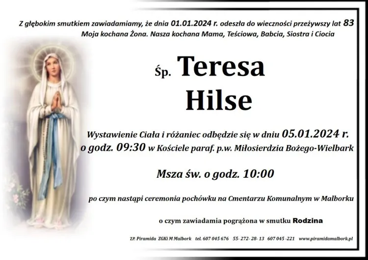 Zmarła Teresa Hilse. Żyła 83 lata.