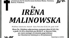 Zmarła Irena Malinowska. Miała 92 lata.