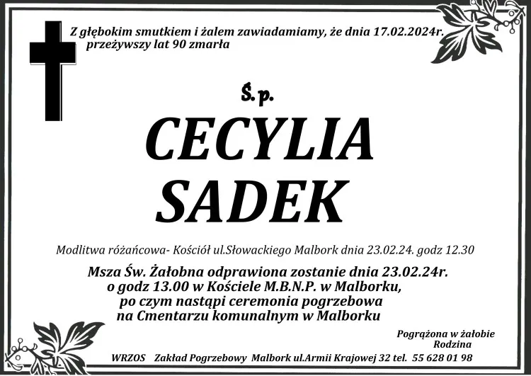 Zmarła Cecylia Sadek. Miała 90 lat.