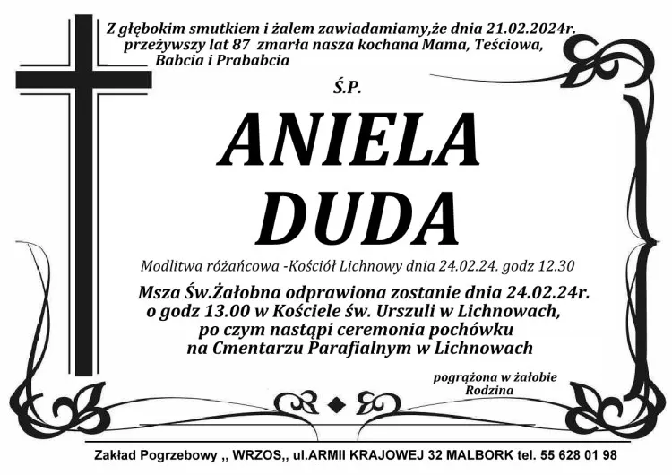 Zmarła Aniela Duda. Miała 87 lat.