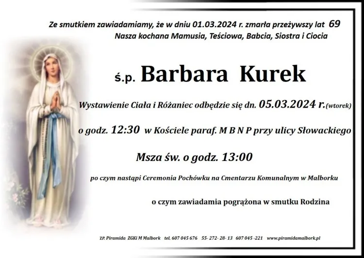 Zmarła Barbara Kurek. Miała 69 lat.