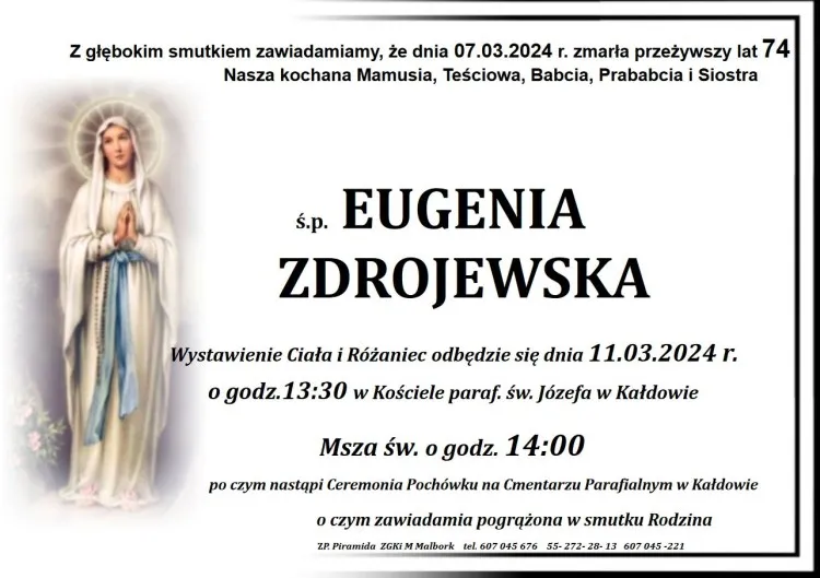 Zmarła Eugenia Zdrojewska. Miała 74 lata.