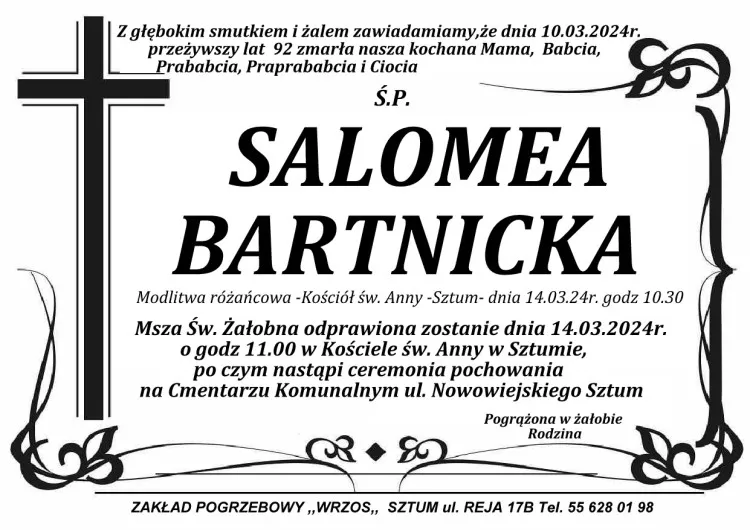 Odeszła Salomea Bartnicka. Żyła 92 lata.