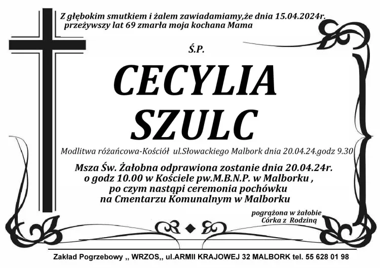 Zmarła Cecylia Szulc. Miała 69 lat.