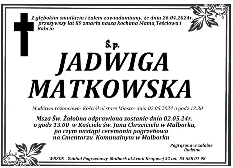 Zmarła Jadwiga Matkowska. Miała 89 lat.