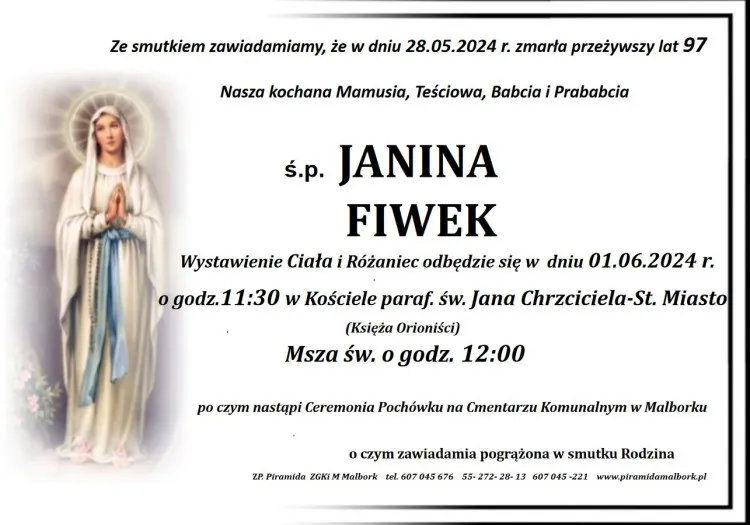 Zmarła Janina Fiwek. Miała 97 lat.
