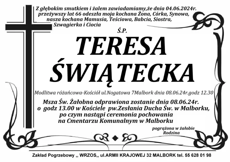 Zmarła Teresa Świątecka. Miała 66 lat.